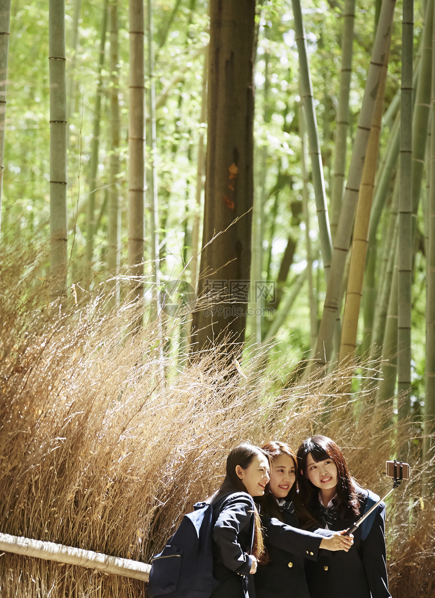三个高中女生站在竹林外自拍图片