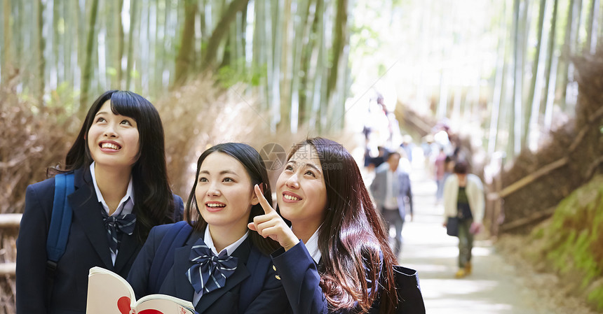 三个高中女生在竹林里踏青观光图片