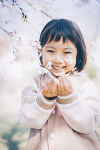 公园里观赏樱花的小女孩图片