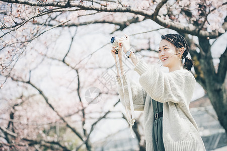 樱桃树开始开花单人女士人类樱花拍照片的春天妇女背景