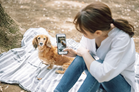 年轻女子拿着手机拍宠物狗图片