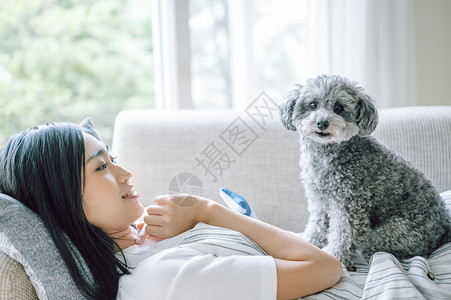 房间抱着可爱宠物狗的女人图片