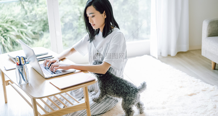 便携电脑客厅可爱生活与狗女人生意图片