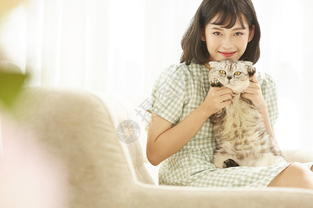 抱着猫女孩年轻女孩抱着宠物猫猫背景