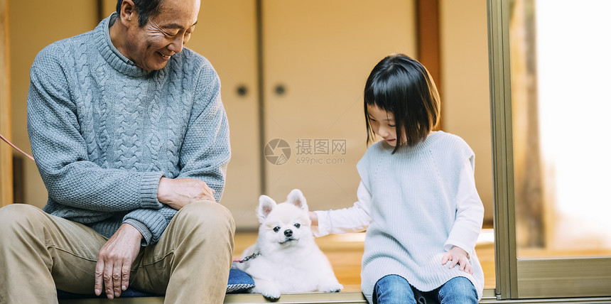 户内外祖父亲密朋友高级与女孩和狗图片