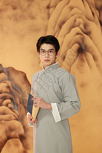 水墨晕染风清明节海报穿中国风古装马褂的青年形象背景