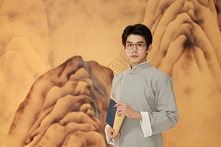 复古水墨画穿马褂的中国风青年拿着书背景