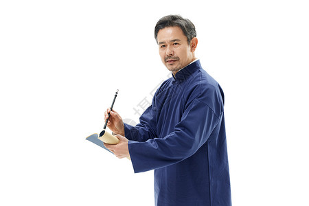 小刀标志中年男性相声演员写书法背景