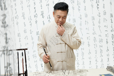 中国风中年人画水墨画思考背景图片