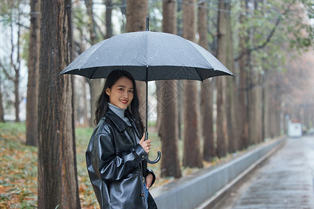 女性雨天散步公园背景图片