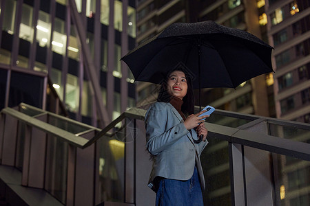 街拍女雨天城市夜晚使用手机的商务女性背景