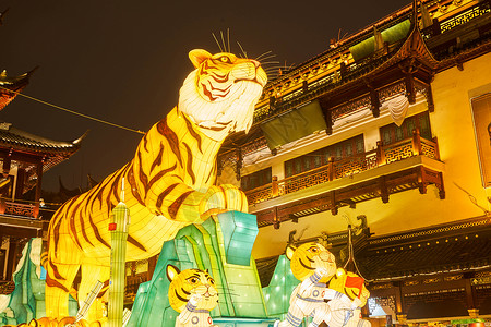老虎灯笼上海城隍庙豫园虎年新春灯会背景