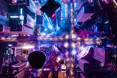 科幻风格赛博朋克风格的青岛城市夜景背景