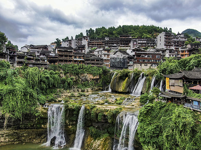 湖南湘西芙蓉镇4A景区航拍背景