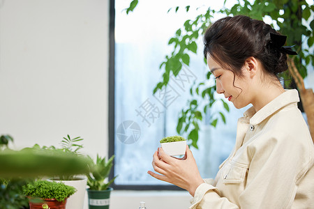 创意杯子盆栽观察手中盆栽植物的女性背景