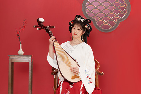 传统琵琶素材梅花古装汉服美女弹奏琵琶背景