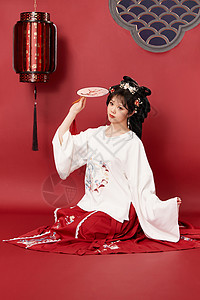 中国风竹墨灯笼坐在地上的国风古装美女背景