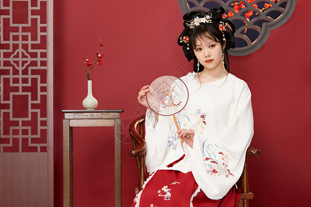 梅花背景下的国风传统古装美女图片