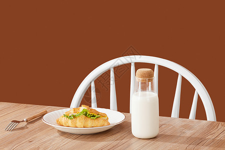 餐桌上的早餐面包与牛奶高清图片