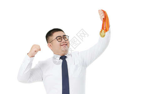 商务肥胖男士获奖牌高清图片