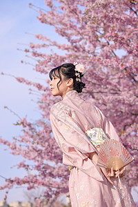 樱花旁的和服美女拿着折扇背景图片