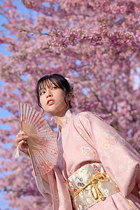 穿和服的樱花少女背景图片