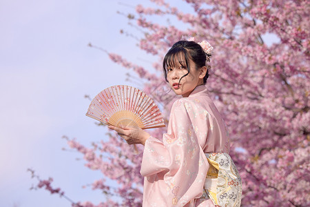 日系美女初春赏樱花背景图片