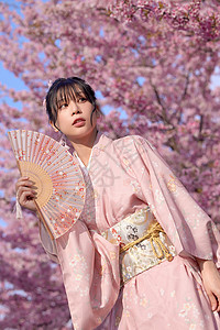 手拿折扇的和服美女赏樱花高清图片