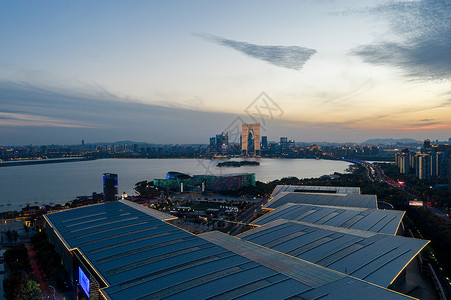 苏州工业园区金鸡湖航拍苏州5A景区金鸡湖东方之门背景