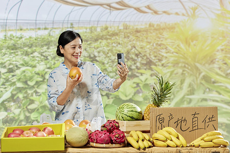 中年女农民用手机直播售卖水果背景图片