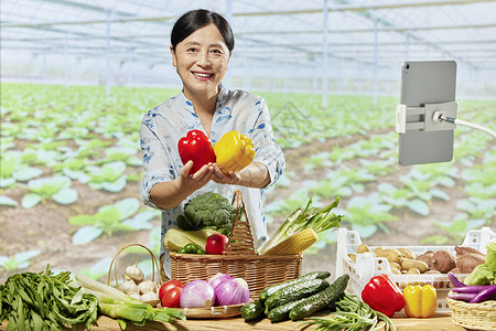 中年女果农电商直播售卖蔬菜高清图片