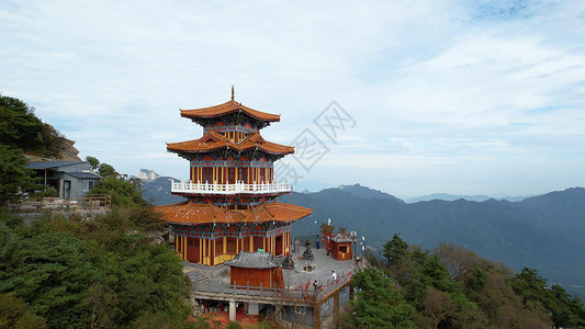 5角航拍5A南阳白云山鸡角曼景观区标志景点玉皇阁背景