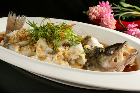 丰富中餐美食白色粤菜清蒸鲈鱼背景