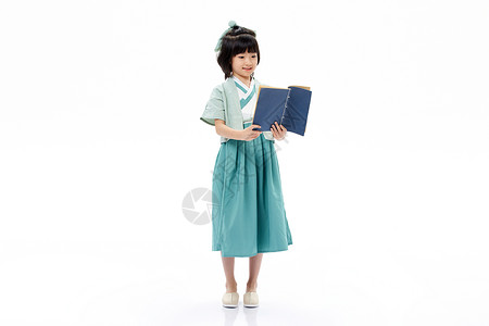 穿汉服的小女孩阅读国学书籍背景图片
