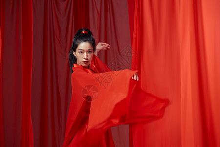 红色竖屏国风中国式国风汉服美女跳古典舞背景