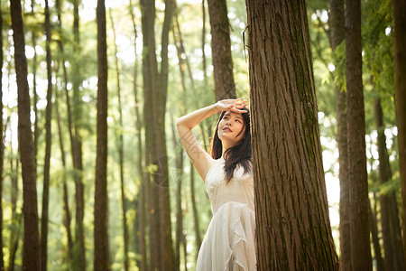 森林里休闲的清新美女背景图片