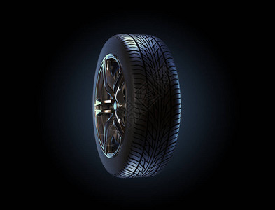 站在柏油路上的汽车轮辋和轮胎的3D插图图片