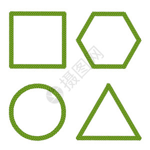 白色背景下鲜绿色四叶草形成方形圆形三角形和六边背景图片