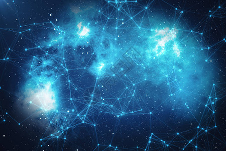 3D渲染技术连接未来派形状蓝点网络抽象背景带星和云的蓝色背图片