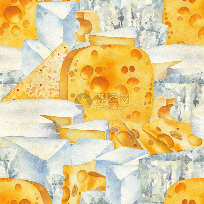 收集不同种类奶酪的水彩色图片