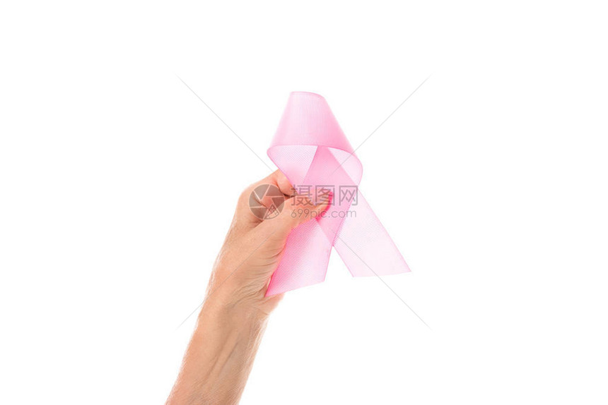 手拿着粉红色丝带宣传关注癌症乳腺癌图片