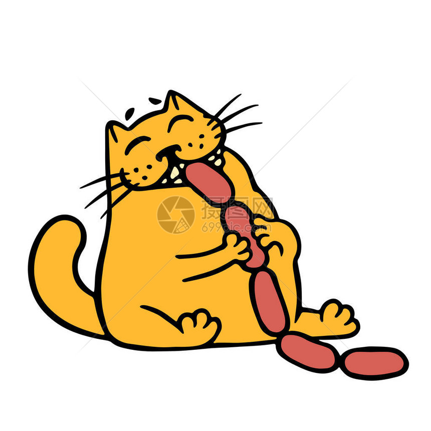 吃香肠的橘猫插画图片