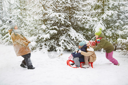 冬季骑行在冬季公园乘坐雪橇的小朋友图片