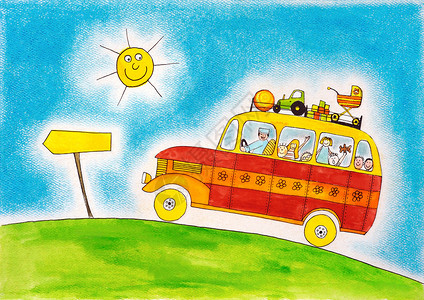 校车旅行儿童画纸上水彩画图片