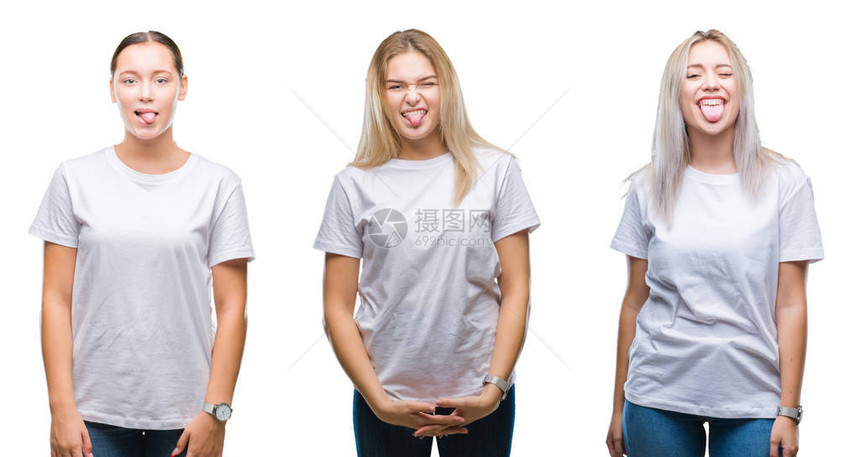 三位身着白色T恤的女士顽皮吐舌图片