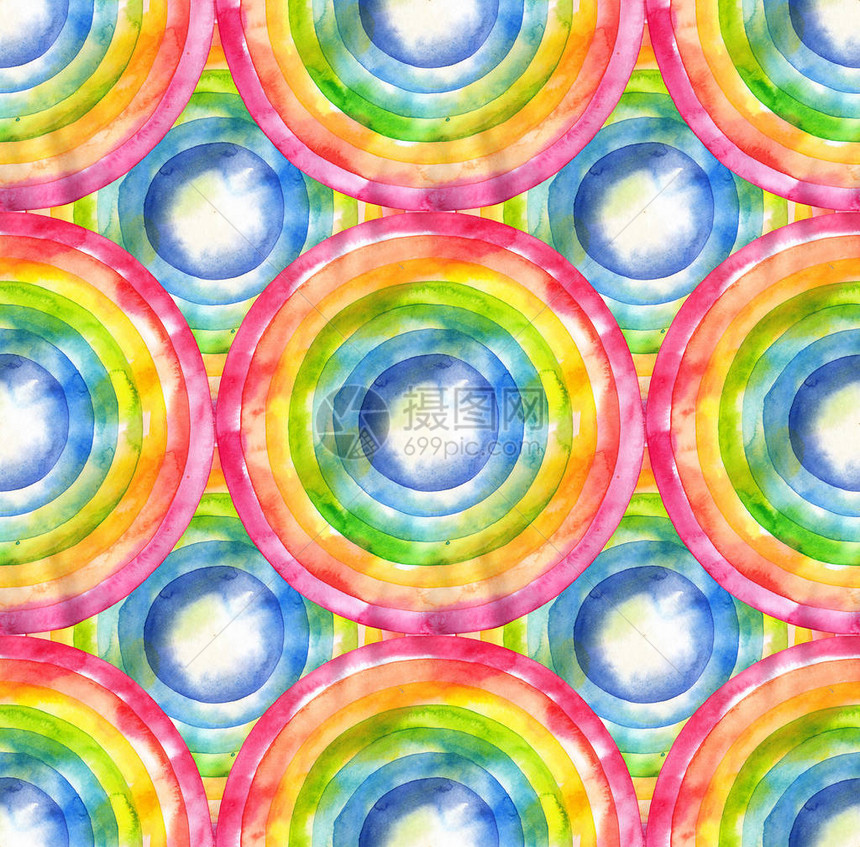 抽象的水彩圈虹手绘无缝图案图片