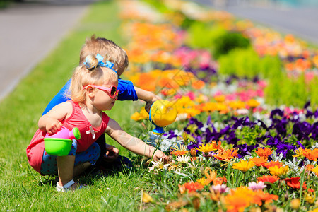 小男孩和小孩女在夏天给花浇水图片