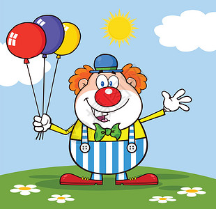 有趣的小丑卡通马斯科特字符配有气球和图片