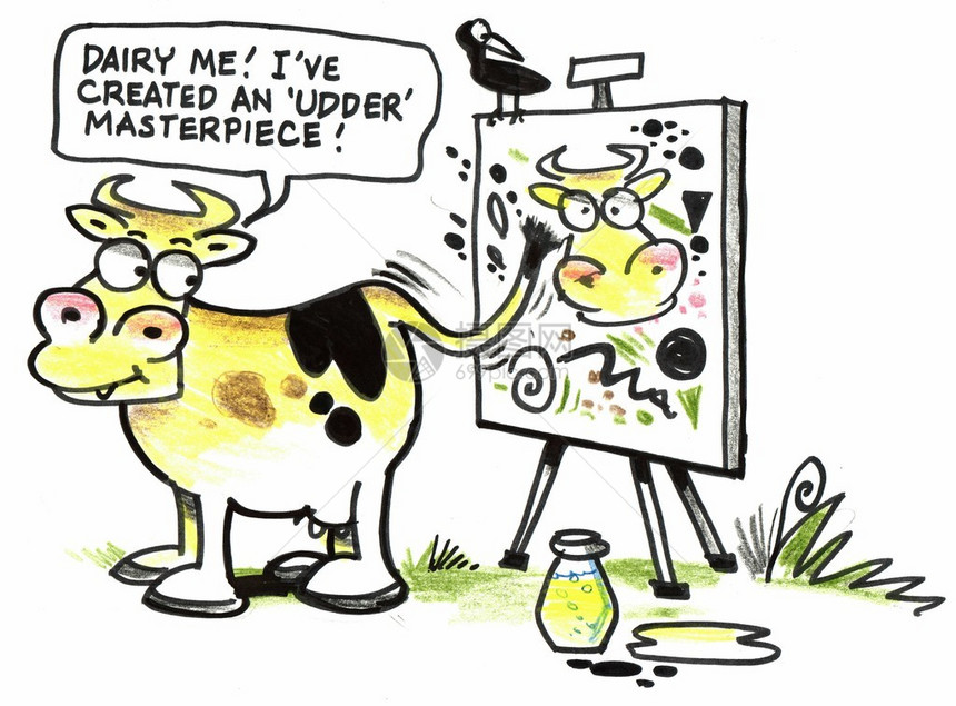 卡通展示快乐的牛用尾巴作为画家刷子来图片
