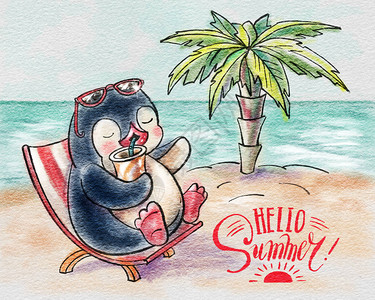 遮篷夏季与一只企鹅在沙滩上一个遮晒室的太阳护浴员中展示水彩插画